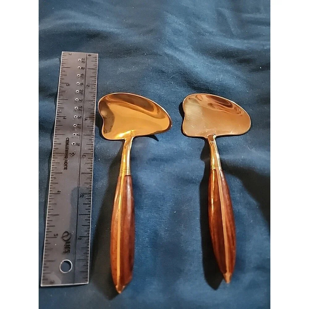 2 Vintage Brass & Teak Condiment Spoons 3.25